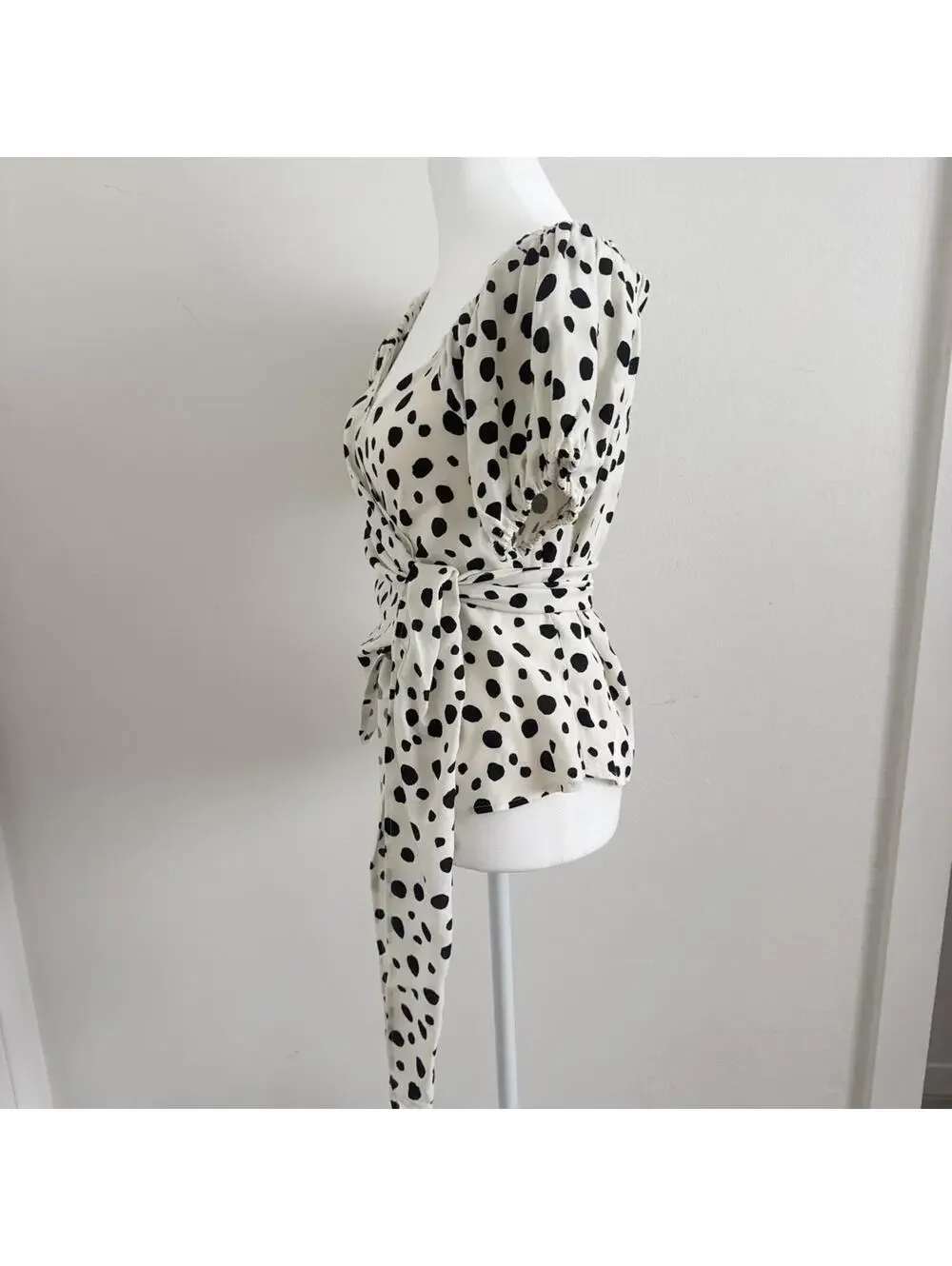 Reformation Lores Off The Shoulder Puff Sleeve Wrap Top in polkadot